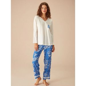 Suwen- Dames Pyjama Set - Homewear -Satijn Blauw/Wit Maat L