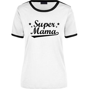 Super mama wit/zwart ringer t-shirt - dames - Moederdag/ verjaardag cadeau shirt M