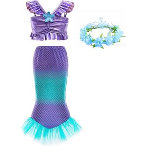 Zeemeermin jurk Mermaid Prinsessenjurk Maat 104/110(110) + krans / verkleedkleren verjaardag meisje cadeau Carnaval