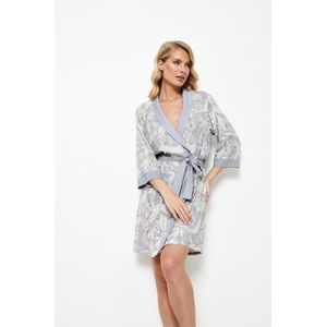 Dames Ochtendjas Alice-Zachte Viscose-Bloemenprint- 3/4 Mouwen-Elegante Kraagband-Grijs-Maat S