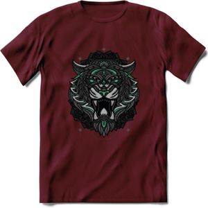 Tijger - Dieren Mandala T-Shirt | Aqua | Grappig Verjaardag Zentangle Dierenkop Cadeau Shirt | Dames - Heren - Unisex | Wildlife Tshirt Kleding Kado | - Burgundy - XXL