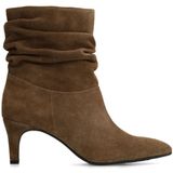 Manfield - Dames - Taupe suède enkellaarsjes met hak - Maat 38