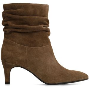 Manfield - Dames - Taupe suède enkellaarsjes met hak - Maat 38