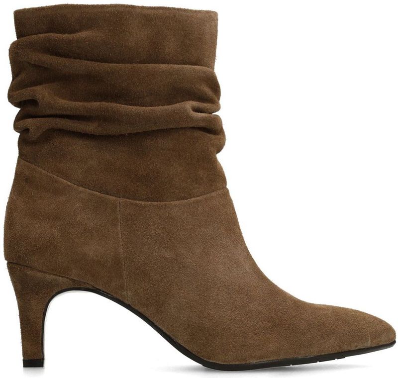Manfield - Dames - Taupe suède enkellaarsjes met hak - Maat 38