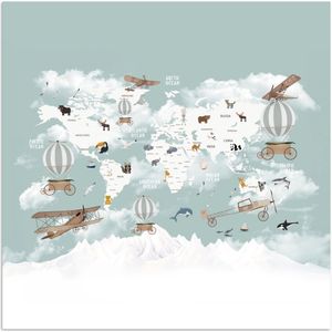 Wereldkaart - Kind - Vliegtuig - 30x30 cm - Poster