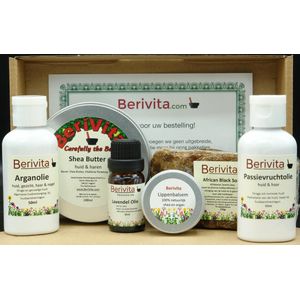 Voordeelpakket BeriVita - Shea Butter 100ml Blik, Lippenzalf 15gr, Arganolie 50ml, Zwarte Zeep 150gr, Passievruchtolie 50ml en Lavendelolie 10ml