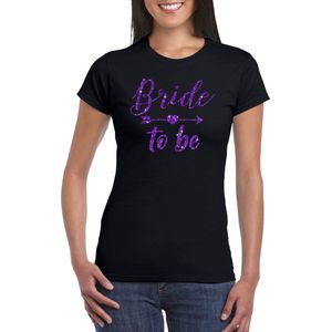 Zwart Bride To Be t-shirt met paarse glitters dames - Vrijgezellen/Bachelor feest L