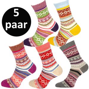 Teckel - 5 paar - Warme Wollen Winter Sokken - Noorse print - Maat 36/42 - Dames - Geel/Beige/L.Paars/D.Paars/Grijs - Cadeau tip tijdens feestdagen