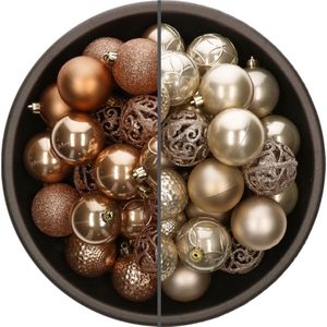 Bellatio Decorations Kerstballen mix - 74-delig - parel champagne en camel bruin - 6 cm - kunststof
