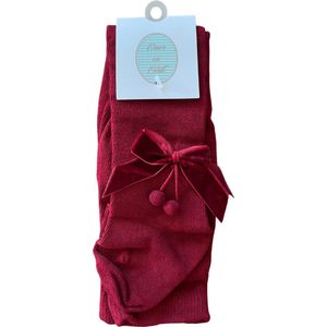 Omer en Odille - kousenbroek met velvet strik en pomponnetjes - wijnrood - maat 2-3 jr