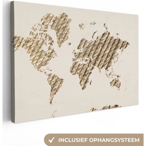Canvas Wereldkaart - 60x40 - Wanddecoratie Wereldkaart - Touw - Bruin