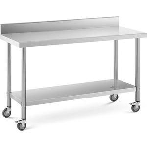 Royal Catering - RVS tafel met wielen - PREMIUM - 60 x 150 cm - 160 kg - achterwand