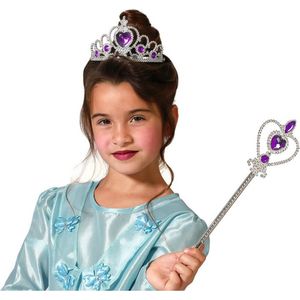 Atosa Carnaval verkleed Tiara/diadeem - Prinsessen kroontje met toverstokje - zilver/paars - meisjes