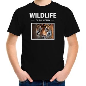 Dieren foto t-shirt tijger - zwart - kinderen - wildlife of the world - cadeau shirt tijgers liefhebber - kinderkleding / kleding 110/116