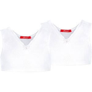 Exclusief Luxueus Kinder ondergoed Hanssop, Twee Meisjes, Katoenen Sport-Tops, super zacht witte sport-tops, dubbel gevoerd, gemaakt in een verfijnd lief roosjes ajour katoen met een bijpassend wit velours strikje, maat 164