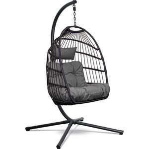 Swoods Egg Hangstoel – Hangstoel met standaard – Egg Chair – tot 150kg – Zwart/ Donkergrijs