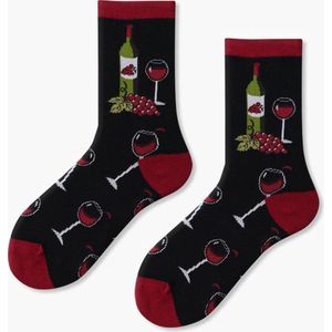 Rode Wijn Sokken - Sokken met Wijnglazen & Wijnflessen - Dames Maat 37-41