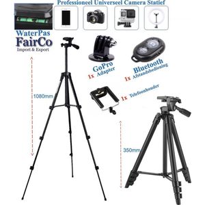 Universeel Camerastatief Voor Fotocamera en Smartphone Incl. Waterpas, Bluetooth afstandsbediening en GoPro adapter - Tripod - Smartphone Statief 108cm Model 3120