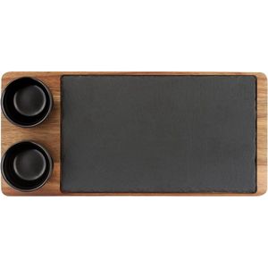 Serveerplank met leistenen plaat (set van 2) | 8-delig bestaande uit serveerschaal leisteen, dipschalen, houten plank | leisteen serveerplaat, sushiplank, steakplank, leisteenplaten