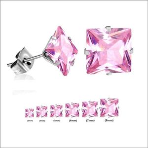 Aramat jewels ® - Zweerknopjes-oorstekers vierkant zirkonia staal roze 7mm