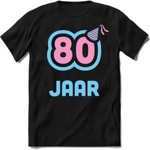 80 Jaar Feest kado T-Shirt Heren / Dames - Perfect Verjaardag Cadeau Shirt - Licht Blauw / Licht Roze - Maat 3XL