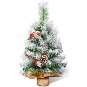 Uten Luxe Uitvoering kleine Kunstkerstboom - met Dennenappels En Rode Besjes - 60cm Hoog - Zonder Verlichting - 80takken - wit/Groen
