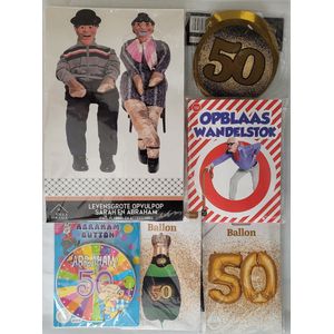 Feestpakket Abraham verjaardag 50 jaar 6-delig: opvulpop - button met led - champagnefles ballon 50 - opblaas wandelstok - spiraalslingers - goudkleurige folieballon 50 jaar