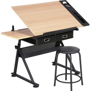 Creatime Tekentafel Volwassenen - Workstation - Tekentafels Verstelbaar - Kantelbaar Tafelblad - Houtlook