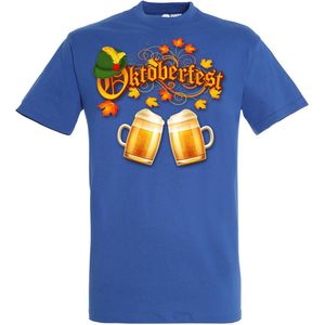 T-shirt Oktoberfest hoed en bier | Oktoberfest dames heren | Tiroler outfit | Carnavalskleding dames heren | Blauw | maat S