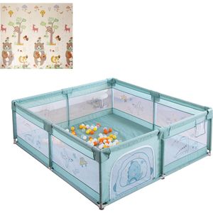 OFMOTRA - Baby Speelbox - Speelbox - Kruipbox voor Baby - Inclusief 60x Speelballen - Kruipbox met opbergtas - Met 1,5cm dikke beer kruipmat - Kinderbox - Playpen -200 x 180 x 65cm - Groente