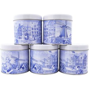Stroopwafels in Delfts blauw blik - Doos met 5 blikken - 250 gram per blik - 8 stroopwafels per blik (40 koeken)