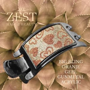 Zest - Zij haarklem - hart glitter - oranje goud beige - gunmetal look - acrylic kunststof - 7 x 3,8 cm - volwassenen jeugd kinderen - vrouwen meisjes - casual - feest gala