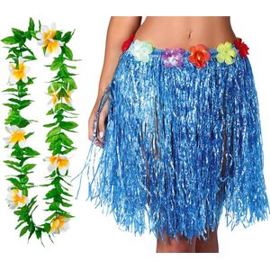 Toppers - Hawaii verkleed rokje en bloemenkrans - volwassenen - blauw - tropisch themafeest - hoela