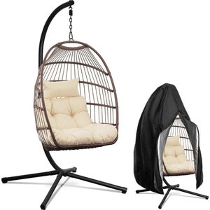 Swoods Egg Hangstoel – Hangstoel met standaard – Egg Chair – tot 150kg – Inclusief Beschermhoes – Bruin/Beige
