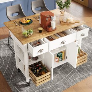 Modern keukeneiland (120×45×90cm) keukenkast eetkamerkast eetkamerwagen eetkamerwagen houtnerf eetkamerkast multifunctionele eettafel met grenen mand opbergmand, wit