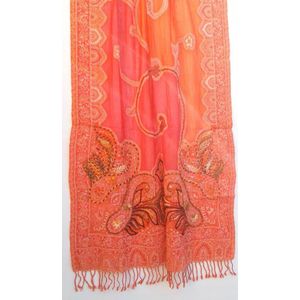 Geborduurde wollen dames sjaal in kreeftkleur en oranje - 70 x 180 cm
