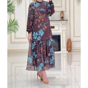 Elegante damesjurk, lange mouwen, chiffon, bedrukt, maxi-jurk, casual, met knopen aan de voorkant.