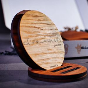 Skyline Onderzetters Zandvoort - Eiken en noten hout - 4 stuk(s) + houder - Ø 9 cm Rond - Cadeau - Woon decoratie - Woonkamer - WoodWideCities