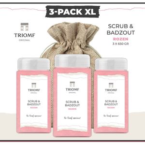 Deluxe Scrub & Badzout - 650 gram - Rozen - 3-Pack | Triomf Original - Luxe Wellness - Scrubzout Body Peeling Hammam - Hydraterende Lichaamsscrub - Sea Salt Bodyscrub - Verzorgings Giftset van 3 - Zeezout - Huidverzorging - Douche - Sauna - Bad