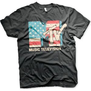 MTV Heren Tshirt -XL- Distressed USA Flag Zwart