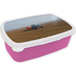 Broodtrommel Roze - Lunchbox - Brooddoos - Tractor - Blauw - Mist - 18x12x6 cm - Kinderen - Meisje