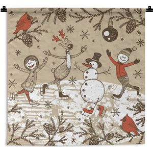 Wandkleed Kerst illustraties - Kerstillustratie schaatsen met een sneeuwpop en rendier Wandkleed katoen 180x180 cm - Wandtapijt met foto