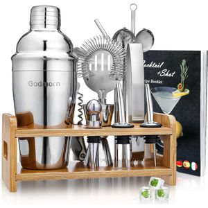 Cocktailshakerset Van RVS - 15-Delig - Met Bamboestandaard - Praktisch En Overzichtelijk - Hoge Kwaliteit - Perfect Cadeau