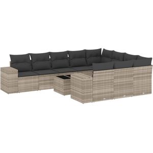 The Living Store 11-delige Loungeset met kussens poly rattan lichtgrijs - Loungebank - Lounge Set - Buitendecoratie - Tuinmeubels - Loungestoel
