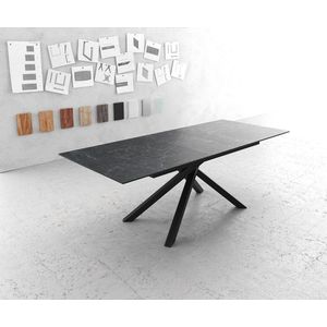 Eettafel Edge Laminam® keramiek grijs 180-220x90cm middenvoet kruis zwart