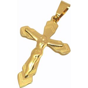 Prachtig bewerkt 316L Rvs goudkleur kruis Jezus Christus. Afm: H 36 x Br 18 mm