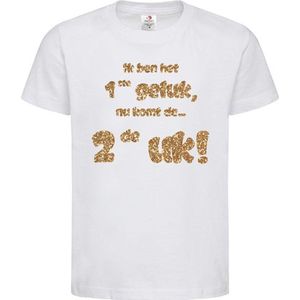 Shirt Aankondiging zwangerschap Ik ben het 1ste geluk, nu komt de ... 2de uk! | korte mouw | wit/goud GLITTER | maat 122/128 zwangerschap aankondiging bekendmaking Baby big sis bro sister brother Grote Zus Broer