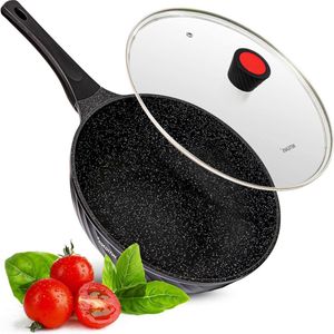 Wok met deksel niet plakken - voor Sauteing Roosteren Braden - Grote 30cm Roestvrij-Steel Base Skillet - Inductie Pan met Duitse GREBLON Non-Stick Coating - Zwart