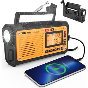 Draagbare Noodradio met Zonne- en Handslingerstroom, 3000 mAh Accu, SOS Alarm, Bluetooth Muziek voor Outdoor en Camping