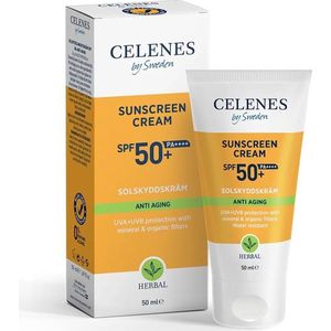 Celenes by Sweden Herbal Sunscreen Cream SPF50+ - 50ml - Anti-Aging met Avocado-olie en Vitamine E - Anti-Veroudering - Waterbestendig, Minerale & Organische Filters, Zonder Witte Resten - Parabeen- & Parfumvrij, Vegan